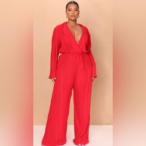 PrettyLittleThing Red Wrap-Style Jumpsuit with Wide-Leg Fit
